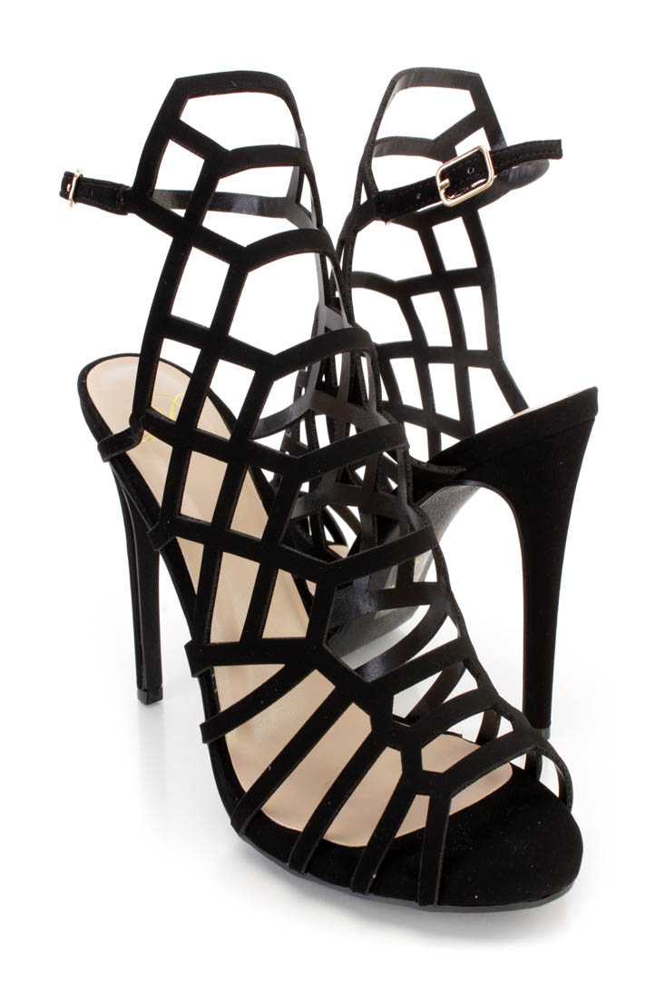 Black Strappy Single Sole High Heels Nubuck Faux Leather