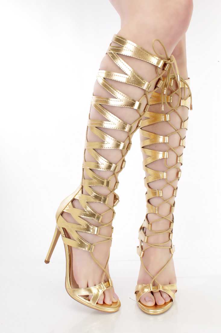 Gold Strappy Lace Up Gladiator Heels Faux Leather