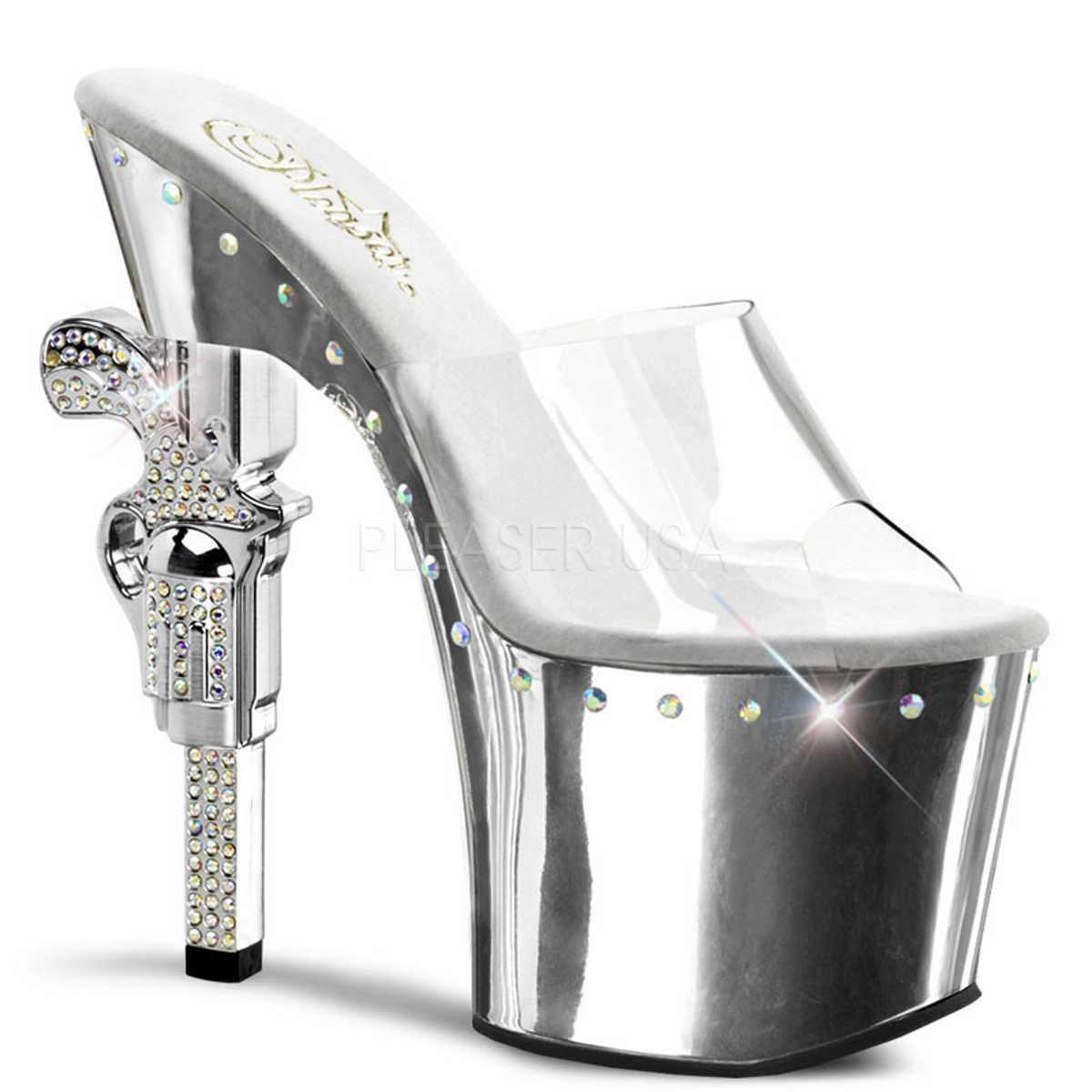 Clear Silver Chrome Platform Rhinestone Gun Heels PVC