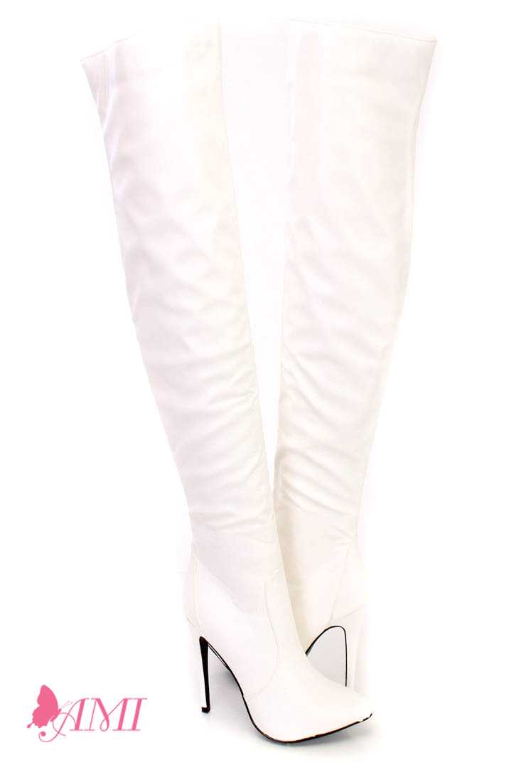 White Single Sole Pointed Toe High Heel Boots Faux Leather