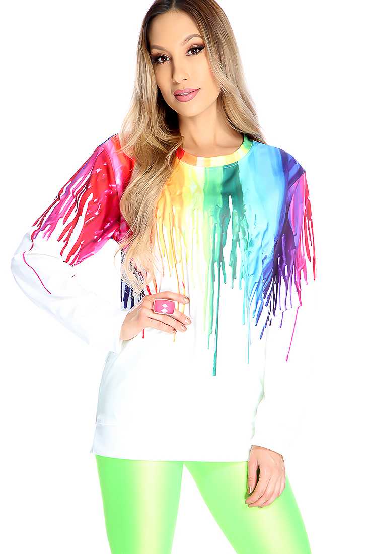 Rainbow White Long Sleeve Melting Paint Print Sweater Top