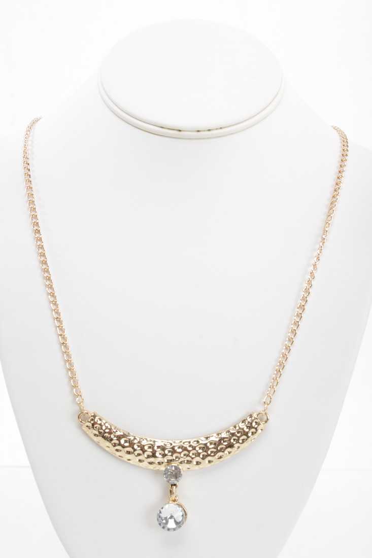Gold Hammered Metal Rhinestone Necklace