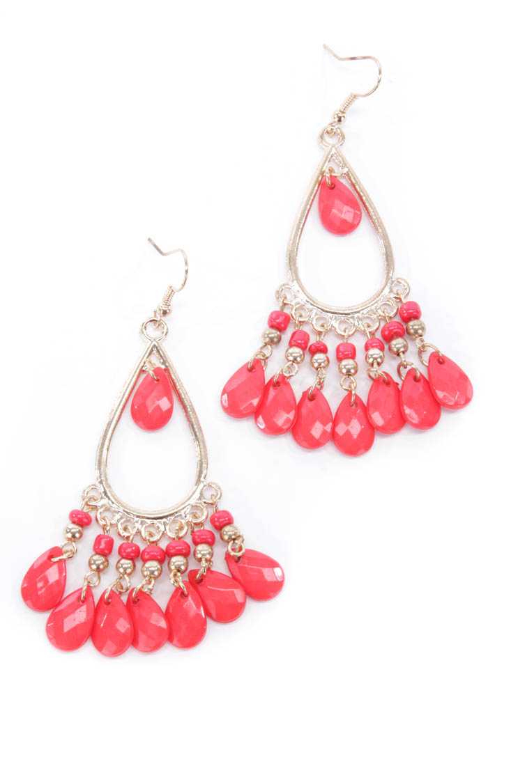 Red Orange Gold Rain Drop Beaded Dangling Earrings