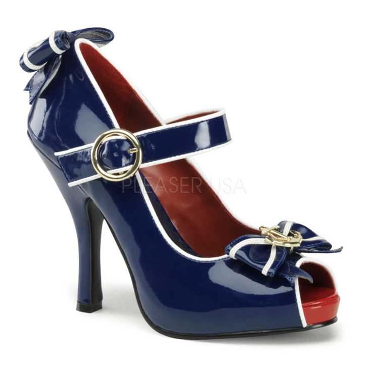 Blue White Patent Faux Leather Anchor High Heels