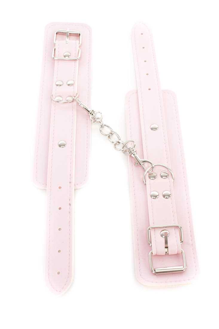 Pink Faux Leather Attached Chain Restraints Bracelets