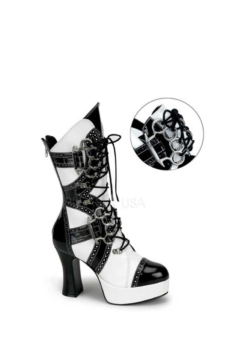 Black White Lace Up Brass Knuckle Boots Patent