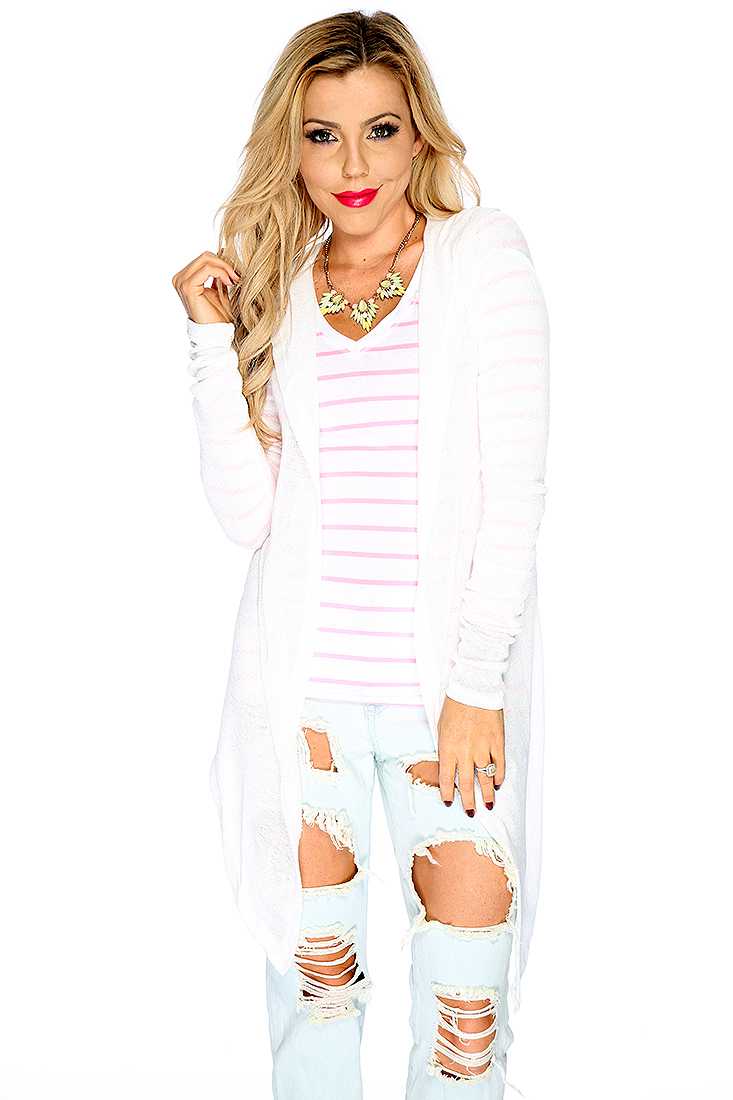 White Long Sleeve Open Front Hooded Causal High Low Cardigan