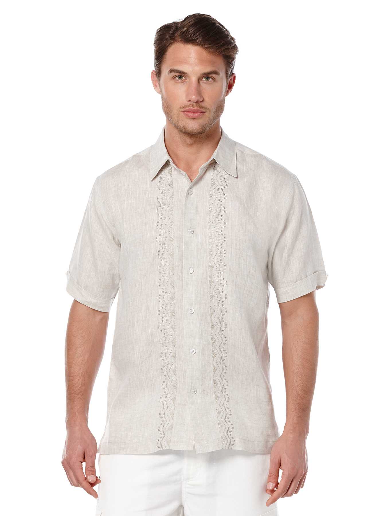 Cubavera Short Sleeve 100% Linen Embroidered Panel