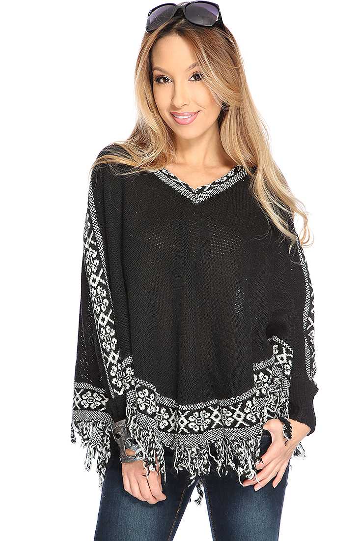 Black Knitted Design Fringe Poncho