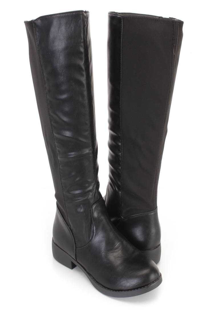 Black Nylon Fabric Riding Boots Faux Leather