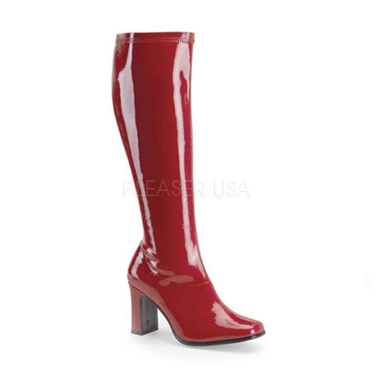 Red Stretch Patent Chunky Heel GoGo Boots