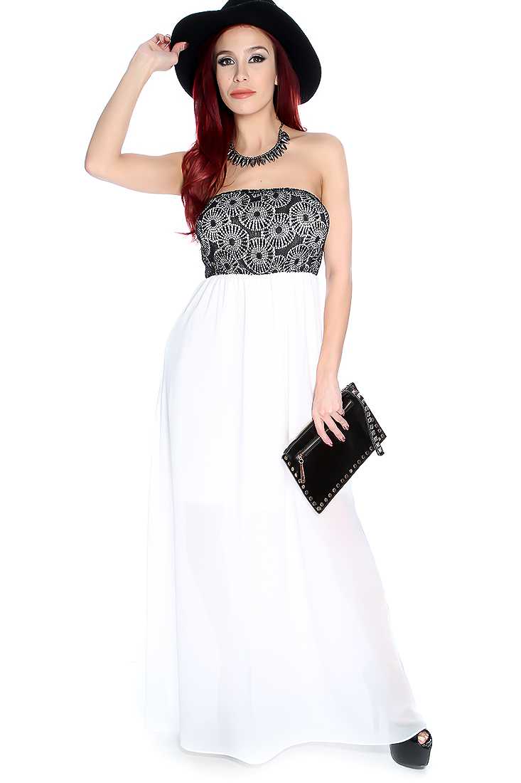 Sexy Black White Netted Overlay Strapless Maxi Dress