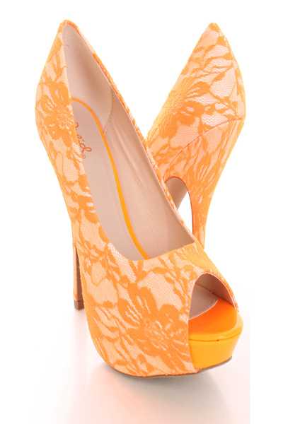 Neon Orange Peep Toe Pump High Heels Lace Fabric
