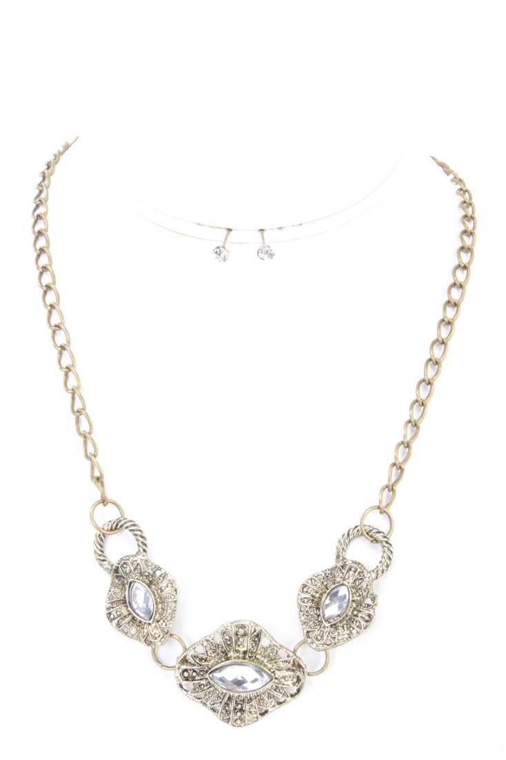 Clear Gold Intricate Design Rhinestone Necklace