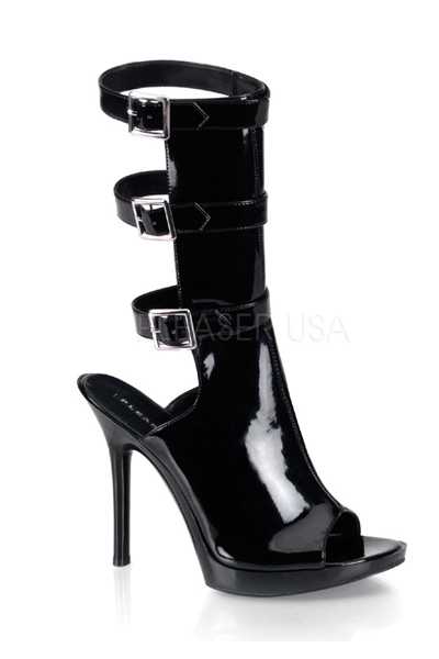 Black Patent Strappy Buckled Bootie Heels