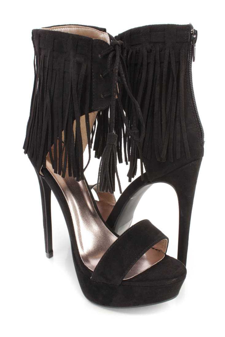 Black Fringe Ankle Cuff Platform High Heels Faux Suede