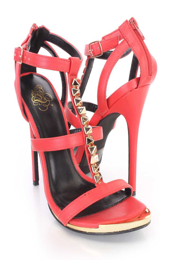 Red Studded Strappy Single Sole High Heels Faux Leather
