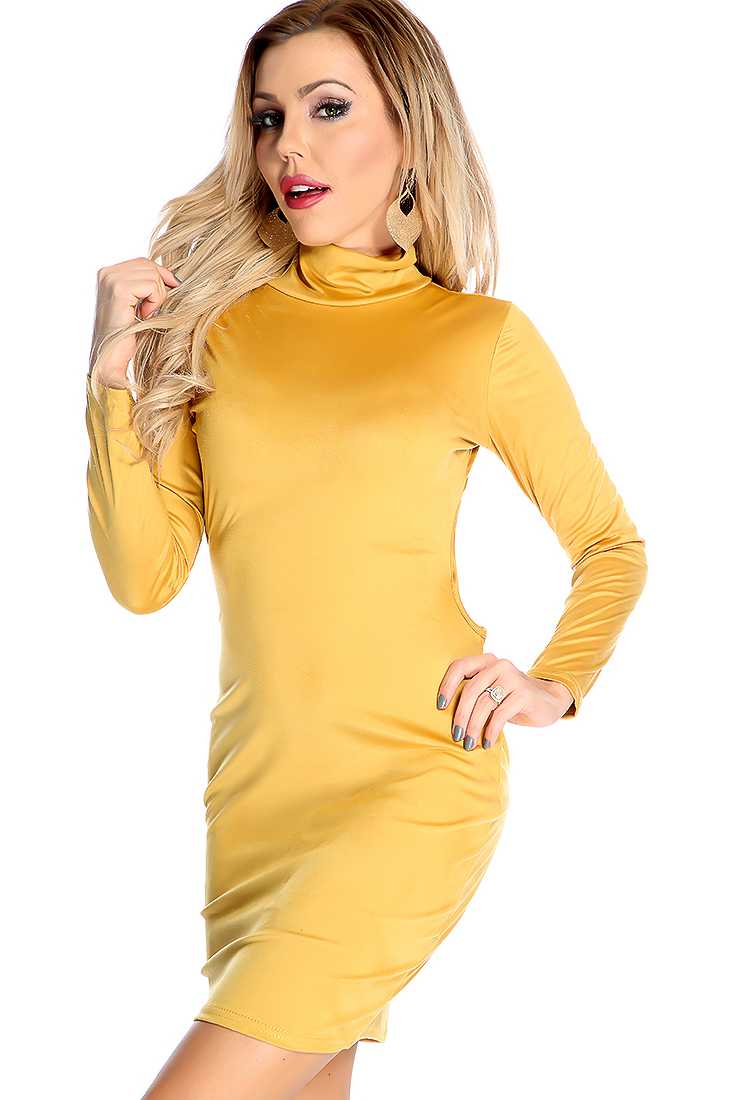 Sexy Mustard Long Sleeve Mock Neck Micro Faux Suede Open Back Bodycon Party Dress