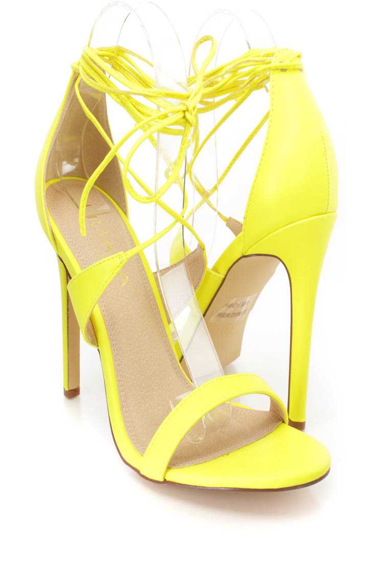 Neon Yellow Lace Up Open Toe Single Sole High Heels Faux Leather