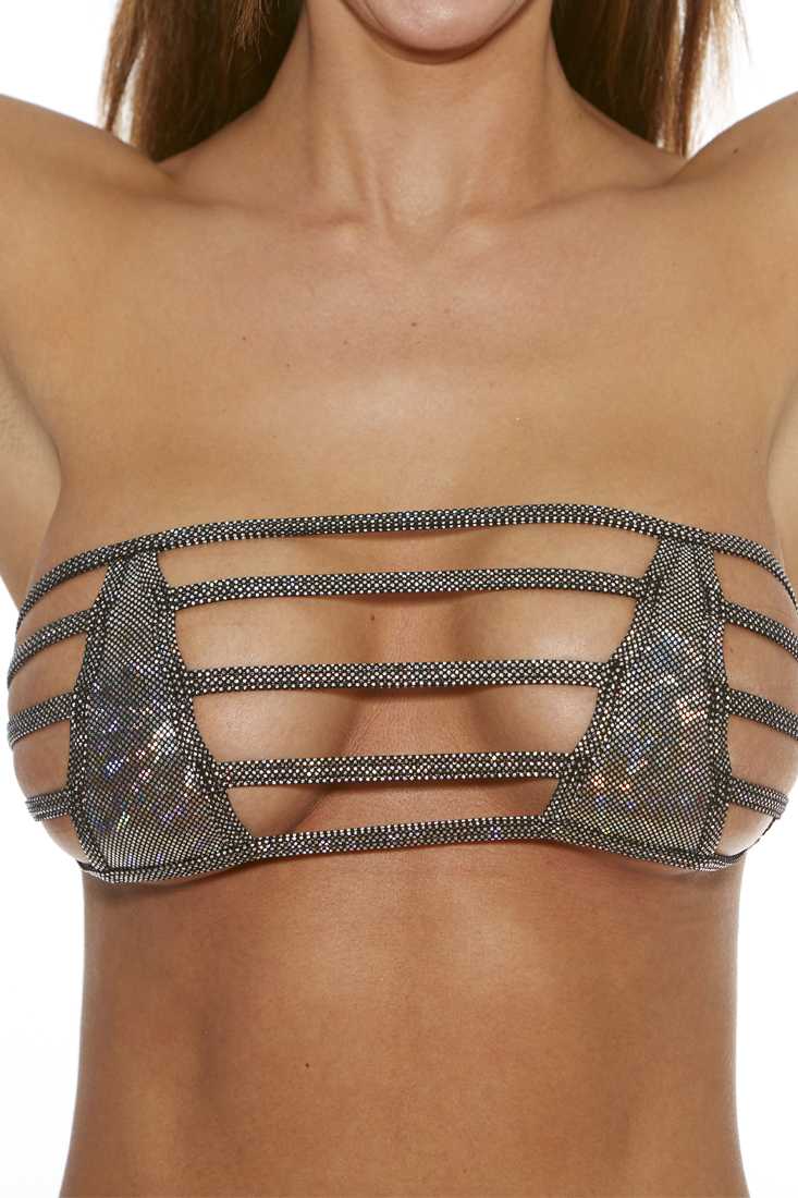Black One Piece Sparkle B Dazzle Hologram Strappy Bandeau Top