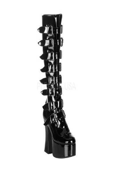 Black Goth Punk 8 Buckle Knee High Boots Patent