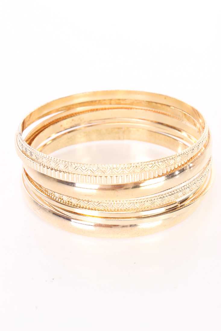 Gold High Polish Metal Textured Bangle Bracelets