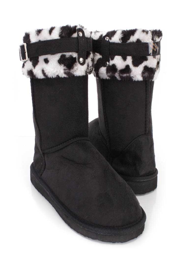 Black Buckle Accent Casual Flat Boots Faux Suede