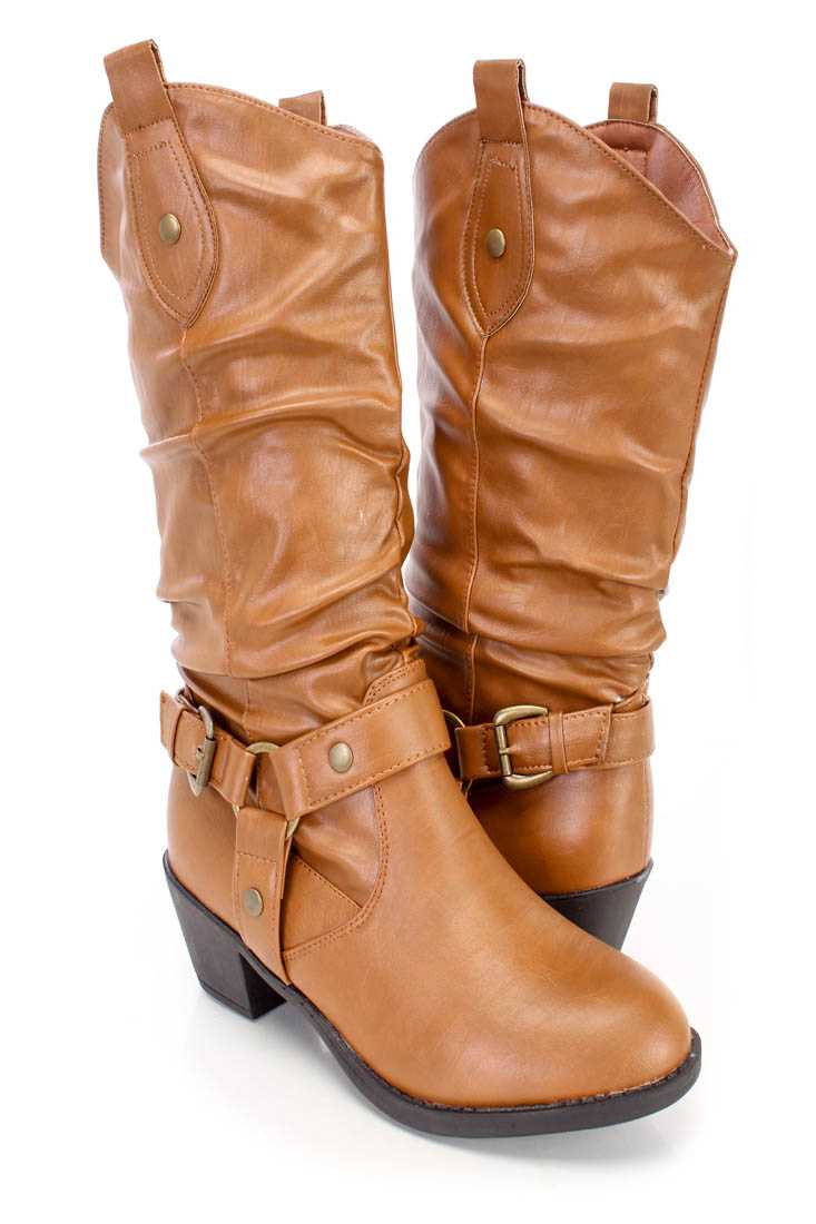 Tan Slouchy Western Style Boots Faux Leather