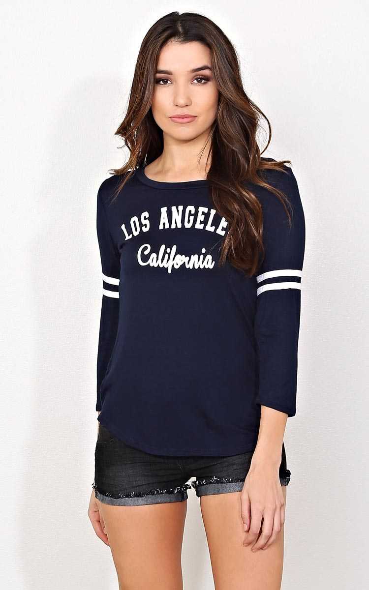 LOS ANGELES CALIFORNIA Varsity Striped Raglan - SML - Navy Combo in Size Small by Styles For Less