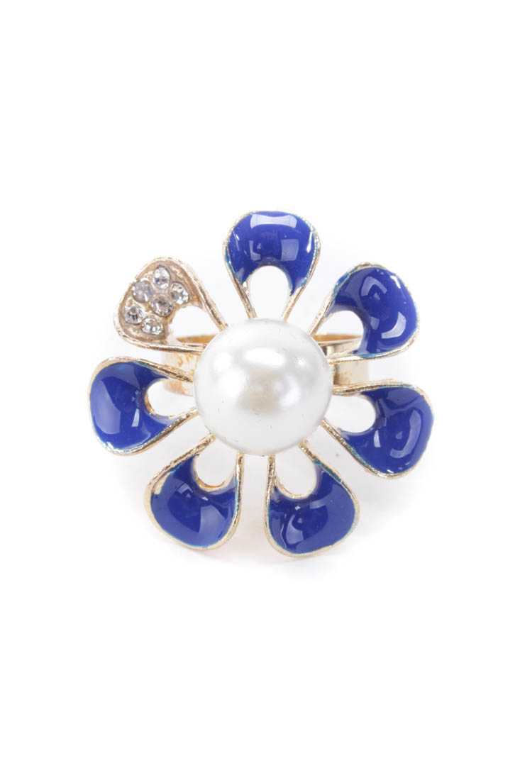 Royal Blue Floral Faux Pear Center Rhinestone Decor Ring