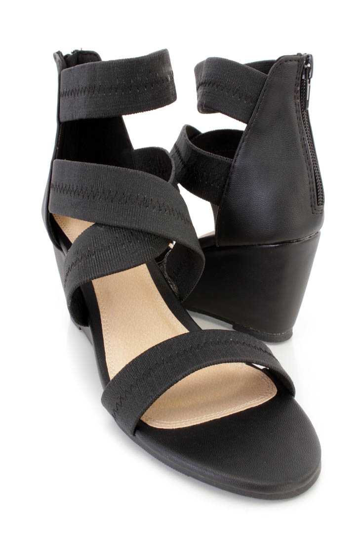 Black Strappy Single Sole Sandal Wedges Faux Leather