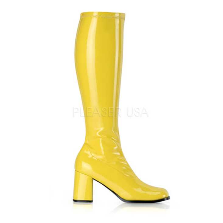 Yellow Stretch Patent Block Heel GoGo Boots