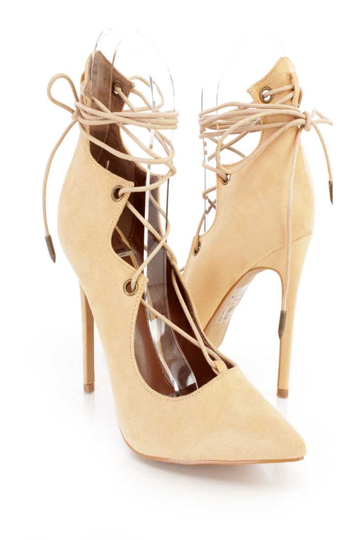 Camel Wrap Around Tie Single Sole High Heels Faux Suede