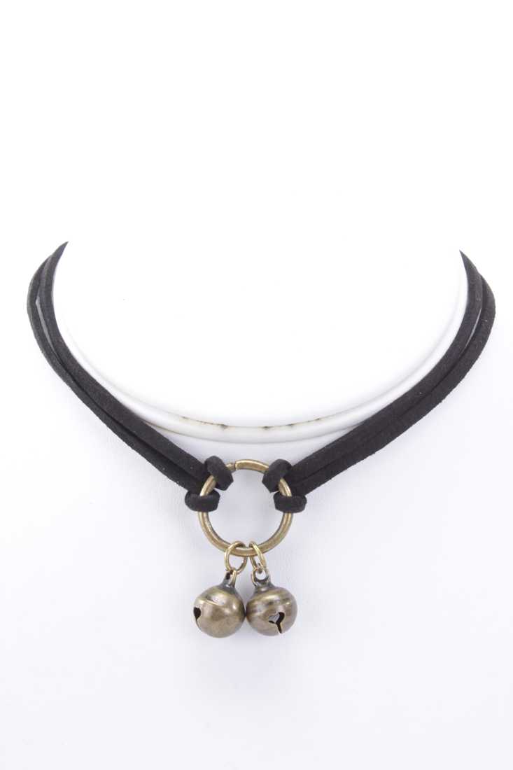 Bronze Black Faux Suede O-ring Bells Detail Choker Necklace