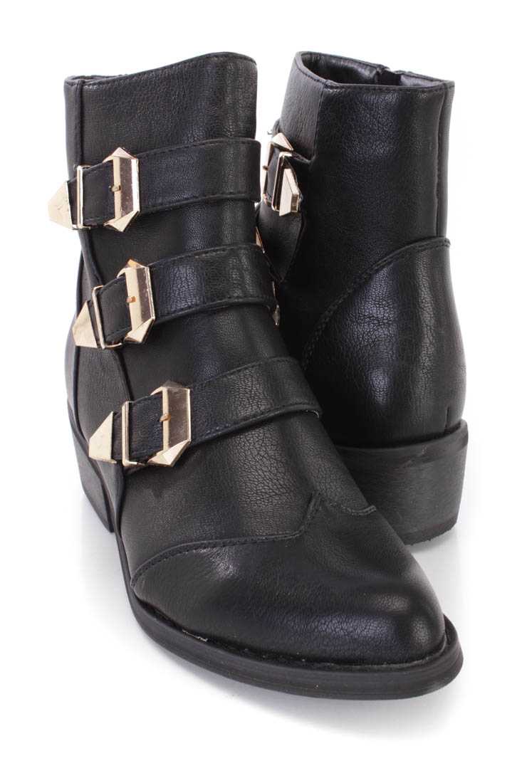 Black Buckle Strappy Ankle Booties Faux Leather