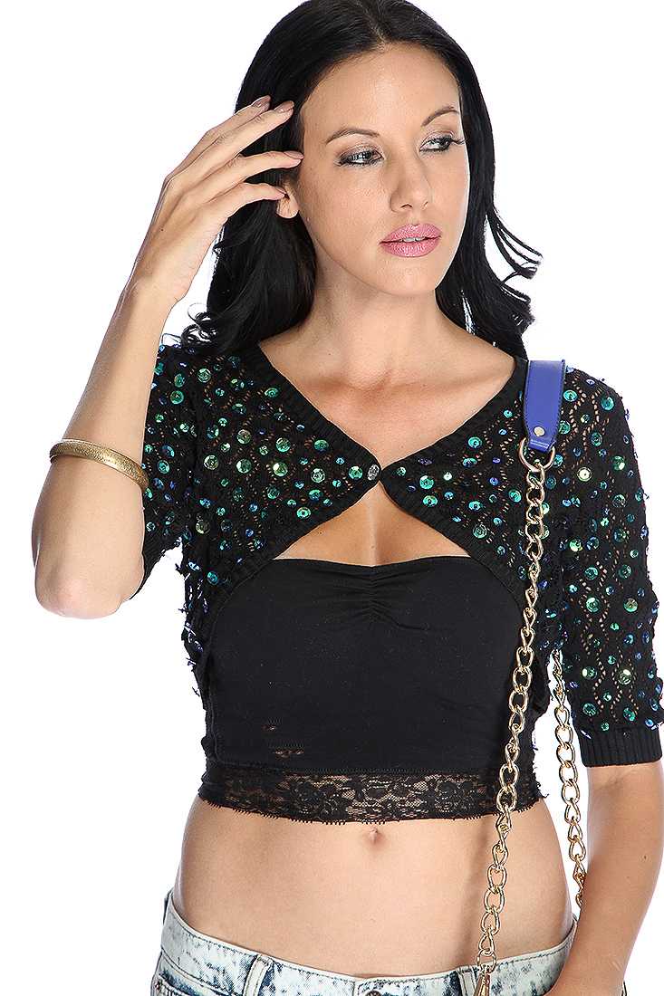 Black Short Sleeve Open Knit Sequin Crop Bolero Cardigan