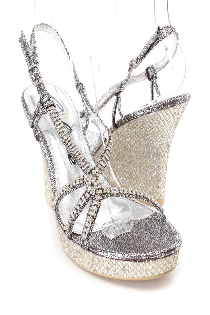 Silver Rhinestone Strappy Glitter Wedges Shimmer Fabric