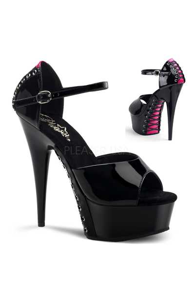 Black Hot Pink Patent Lace Up Platform High Heels