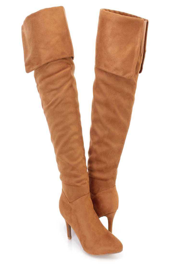 Tan Cuffed Thigh High Heel Boots Faux Suede