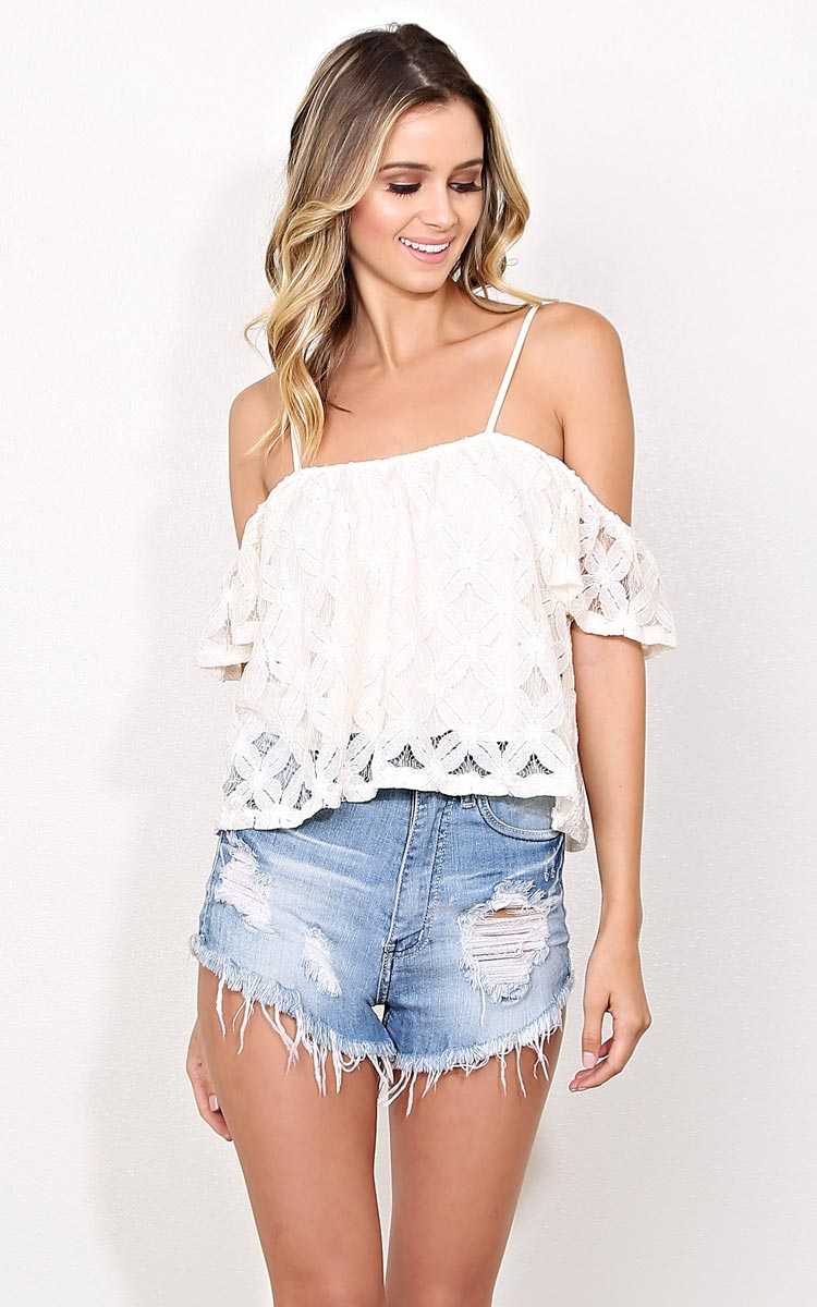 Floral Lace Cold Shoulder Crop Top - - Natural in Size by Styles For Less