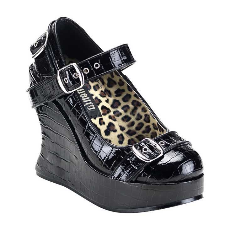 Black Croc Skin Textured Patent Wedges