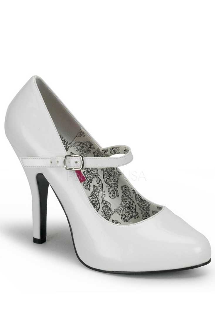 White Maryjane Single Sole High Heels Patent Faux Leather