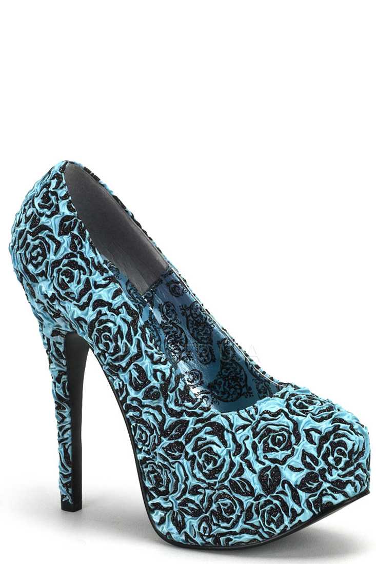 Blue Glittery Floral Pattern Platform Pump High Heels Satin