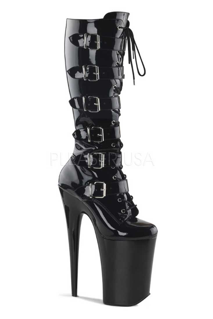 Black Front Lace Up Knee Buckled Straps Platform Boots Patent