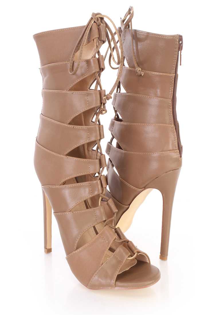 Light Brown Strappy Peep Toe Sandal Booties Faux Leather