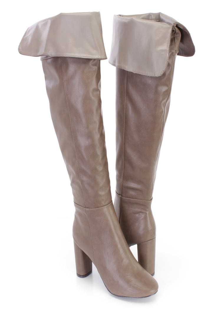 Beige Cuffed Chunky High Heel Boots Faux Leather