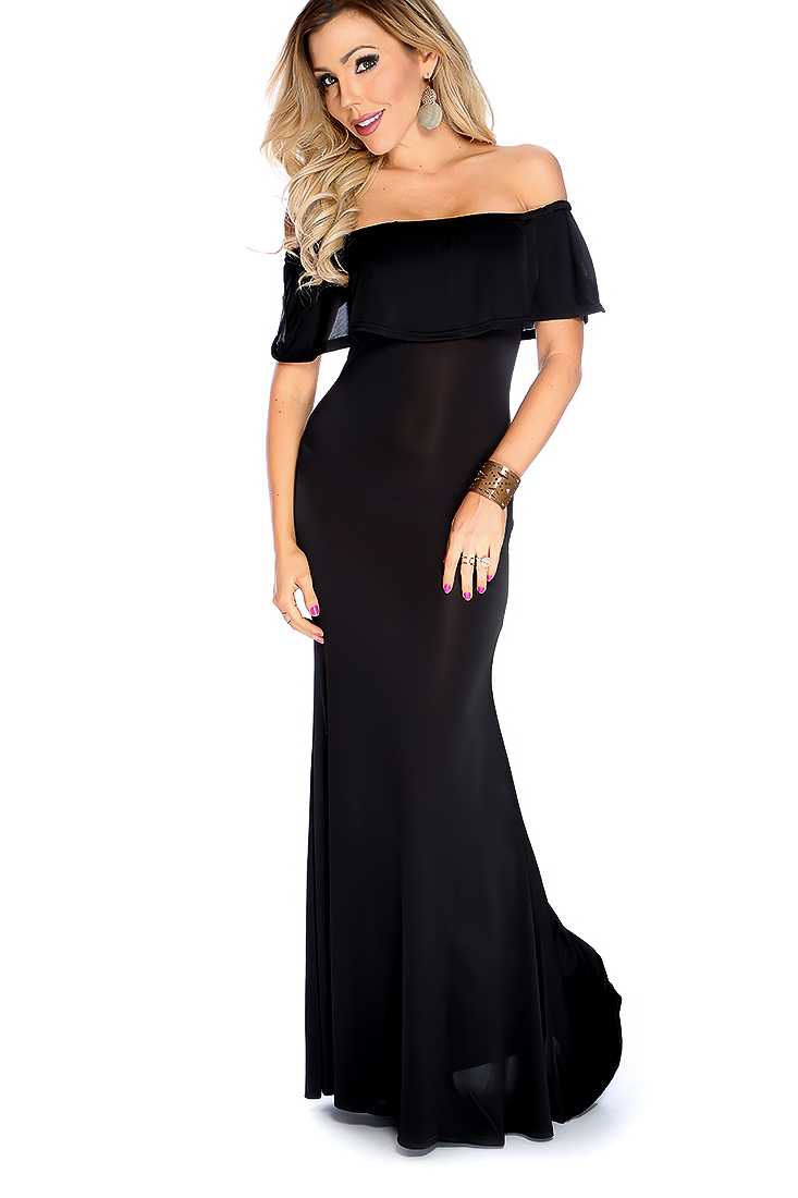Sexy Black Ruffle Off Shoulder Maxi Dress