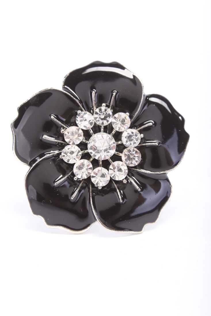 Silver Black Diamond Gemstone Clustered High Polish Outlined Flower Ring