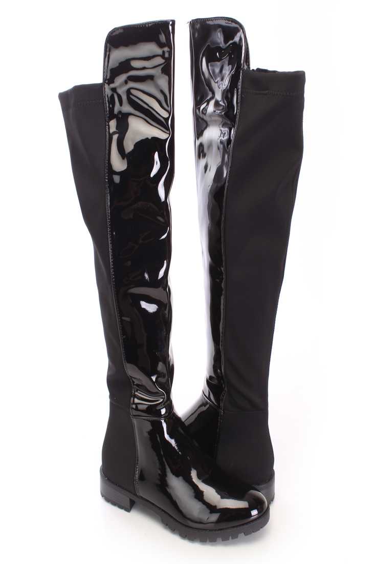 Black Knee High Riding Boots Patent Nylon