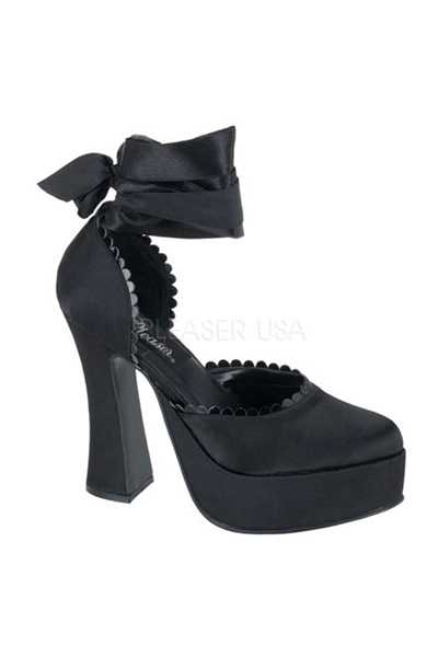 Black Satin Scalloped Trim Chunky High Heels